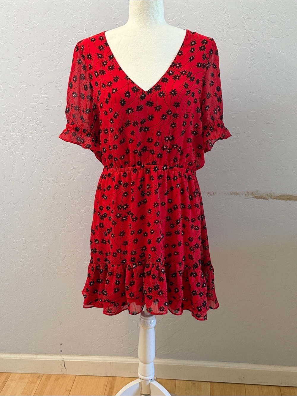 Express Red Mini Dress with Black Floral Print